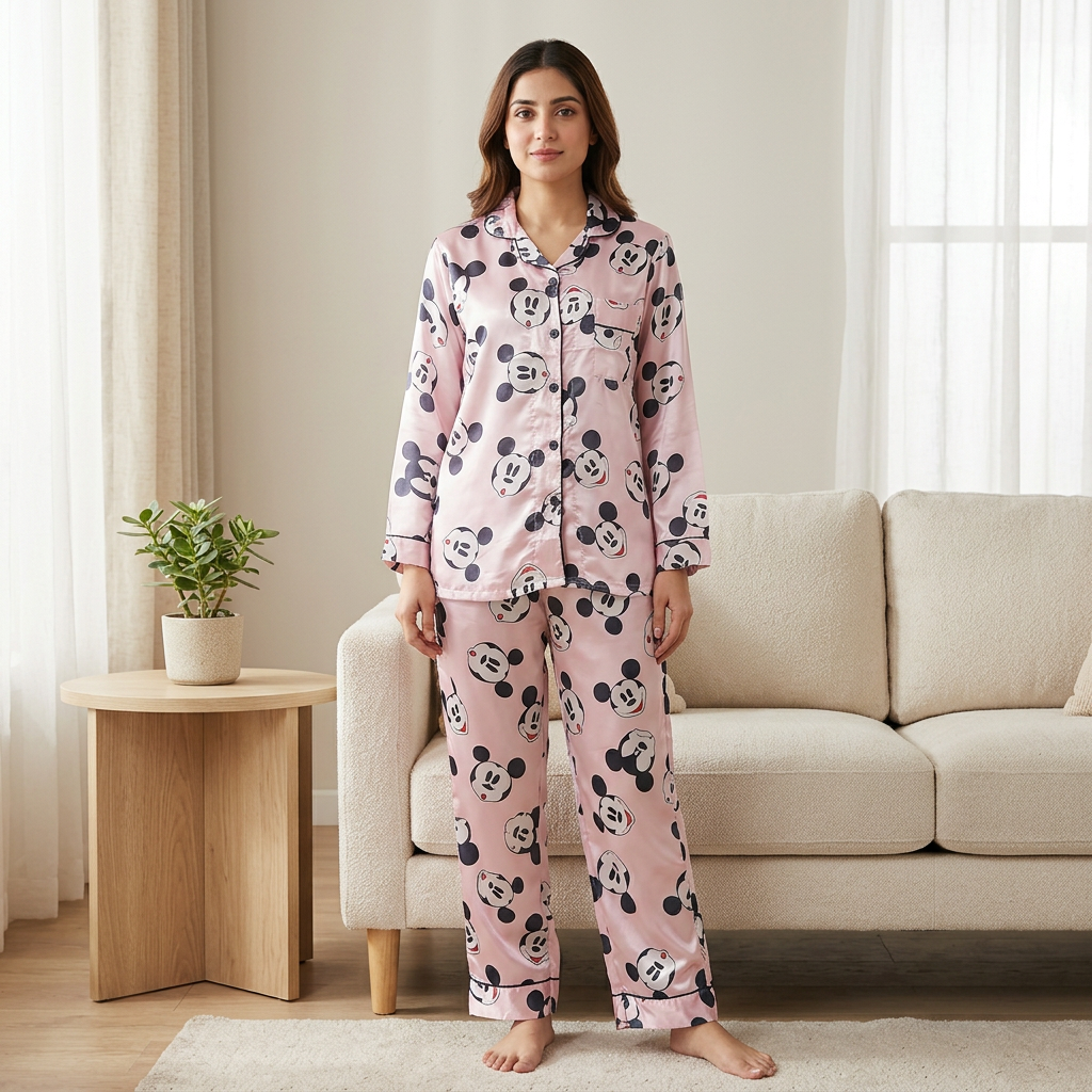 WNS45 pink printed night suit loungewear image