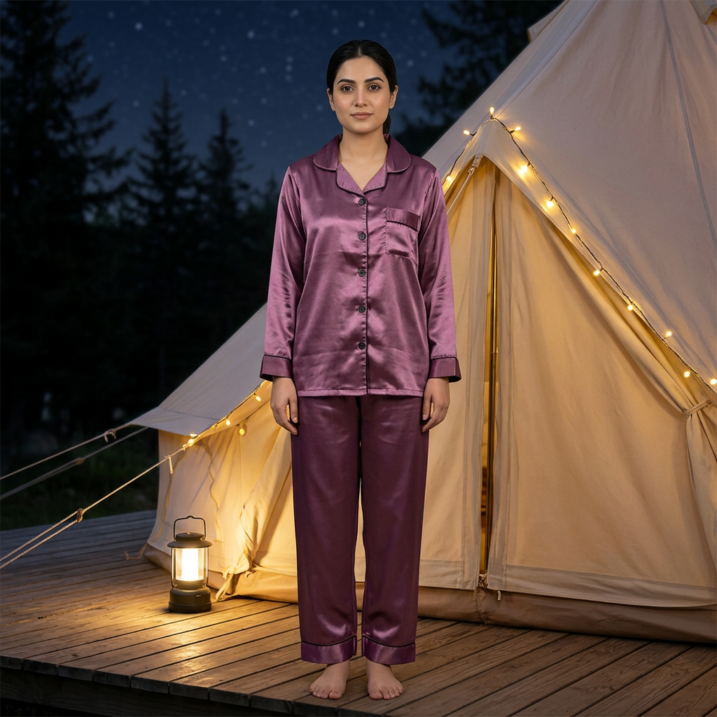 WNS68 dusky purple night suit in a camp-night setting