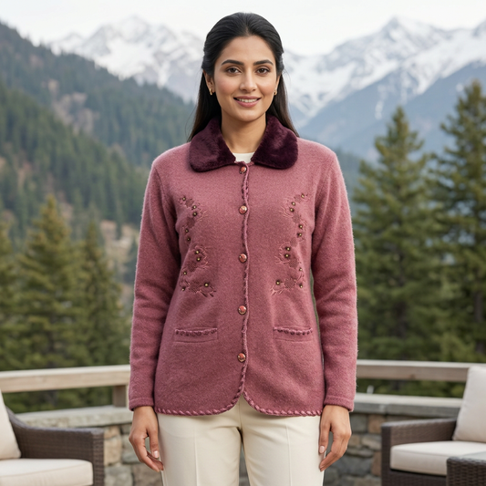 WSW70 pink embroidered sweater mountain lifestyle photo