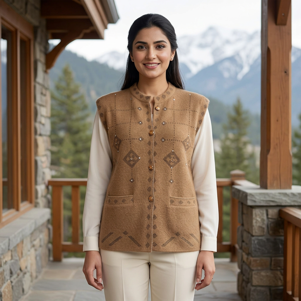 WSW89 brown sleeveless sweater mountain lifestyle photo