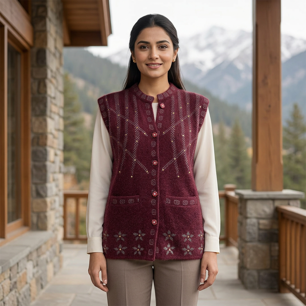 WSW94 maroon sleeveless sweater mountain lifestyle photo