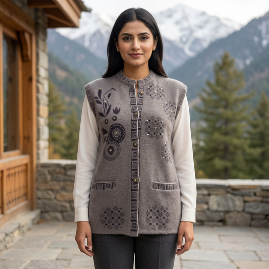 WSW96 grey sleeveless sweater mountain lifestyle photo
