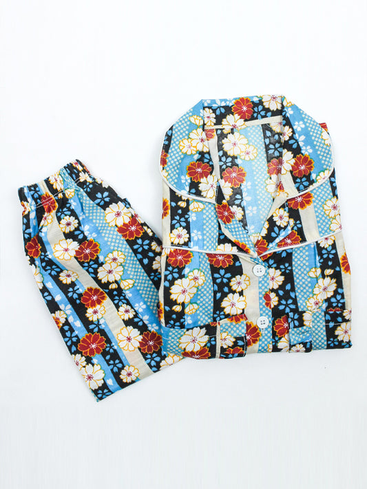 MC Cotton Night Suits 2 Yrs - 6 Yrs Printed Floral Stripes Sky Blue