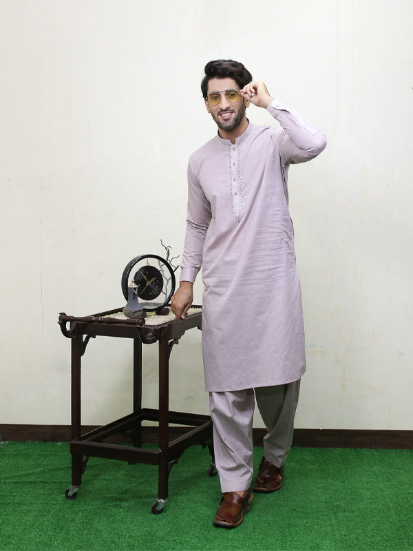 288E Men's Cotton Kameez Shalwar Stitched Suit Beige 4