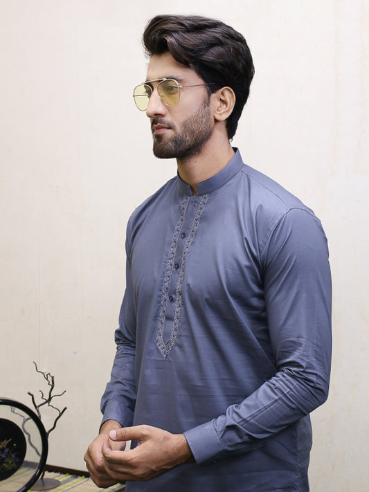 288E Men's Cotton Kameez Shalwar Stitched Suit Dark Grey 5