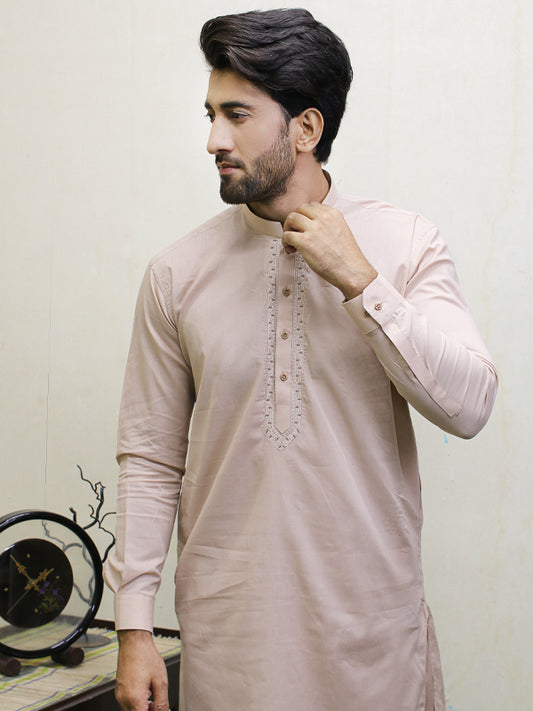288E Men's Cotton Kameez Shalwar Stitched Suit Peach 6