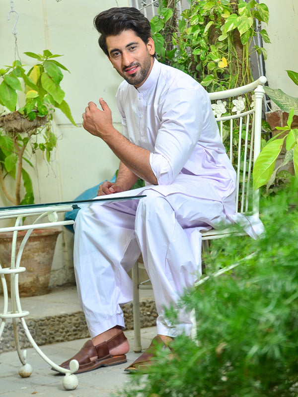 046-A Shalwar Kameez Stitched Suit Mughal-e-Azam Fabric Sherwani Collar White