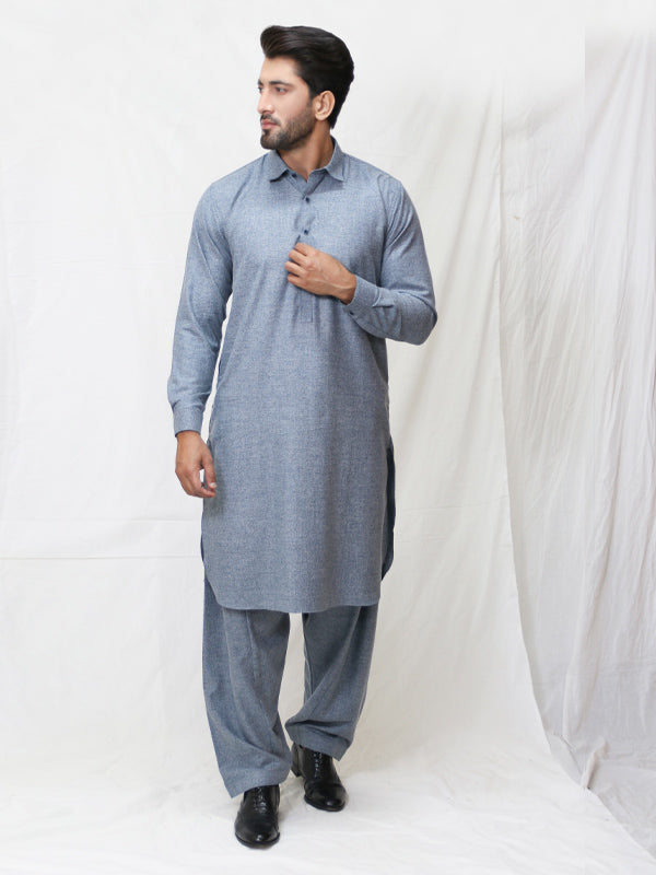 159 Men's Kameez Shalwar Stitched Suit Shirt Collar Blue