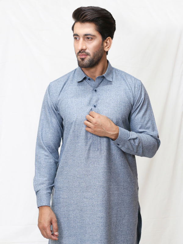 159 Men's Kameez Shalwar Stitched Suit Shirt Collar Blue