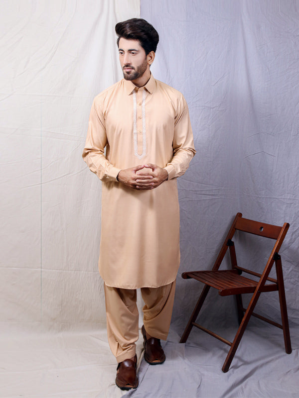 221/4 Men's Kameez Shalwar Stitched Suit  Fawn