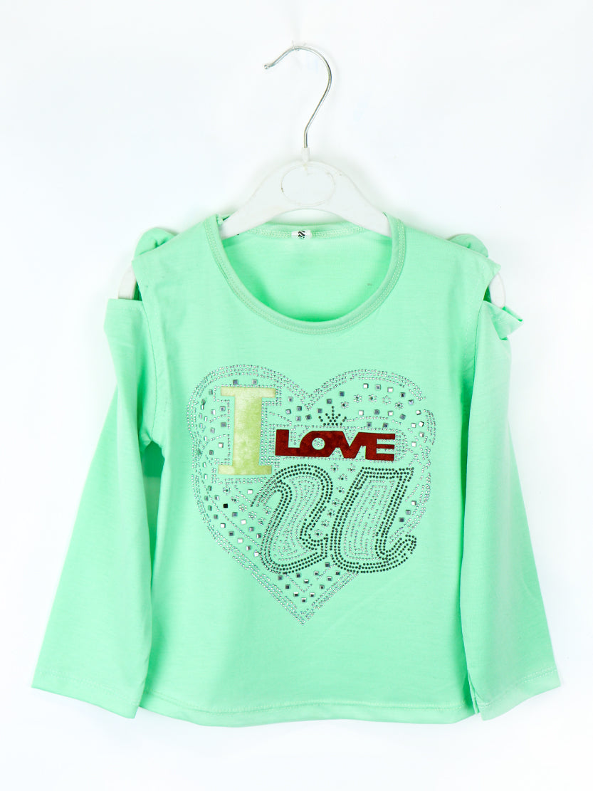 Girls 2.5 Yrs - 7 Yrs Full Sleeves T-Shirt I LOVE U Light Green