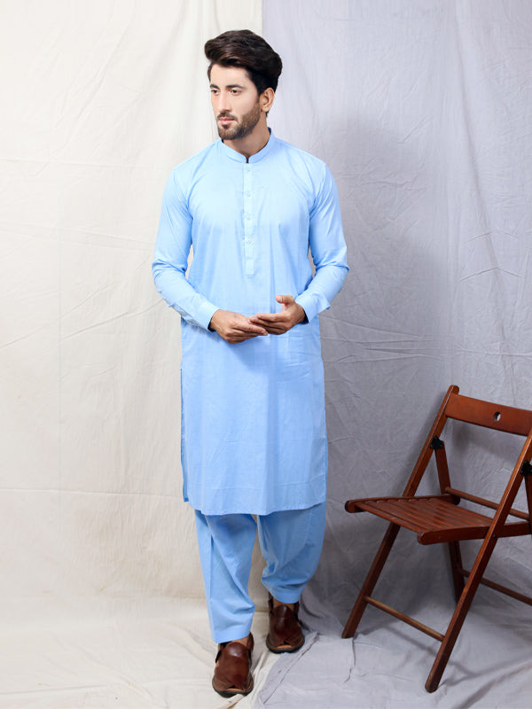 288 Men's Cotton Kameez Shalwar Stitched Suit Sky Blue 4