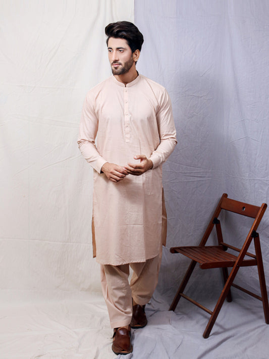 806 Men's Cotton Kameez Shalwar Stitched Suit Light Fawn 03
