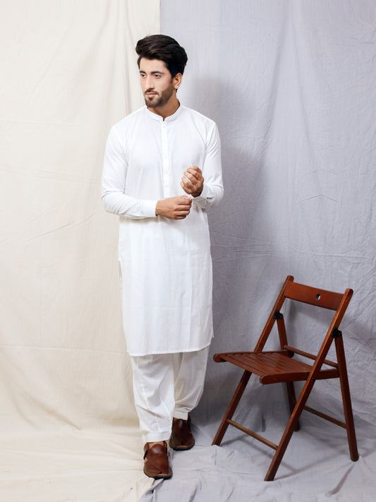 MSK11 286P AN Men's Kameez Shalwar Plain Stitched Suit Sherwani Collar Neel White Plain