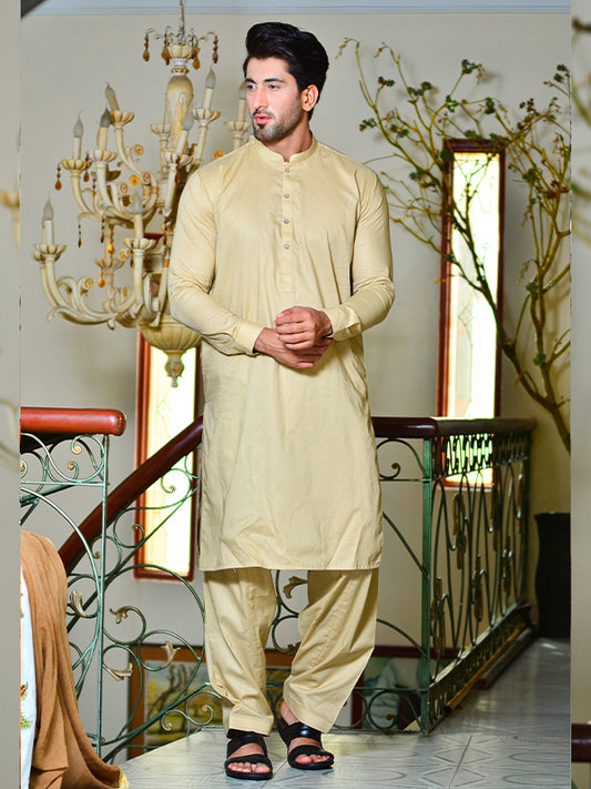 225 Men's Cotton Kameez Shalwar Stitched Suit Light Brown