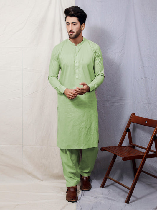 806 Men's Cotton Kameez Shalwar Stitched Suit Light Green 05