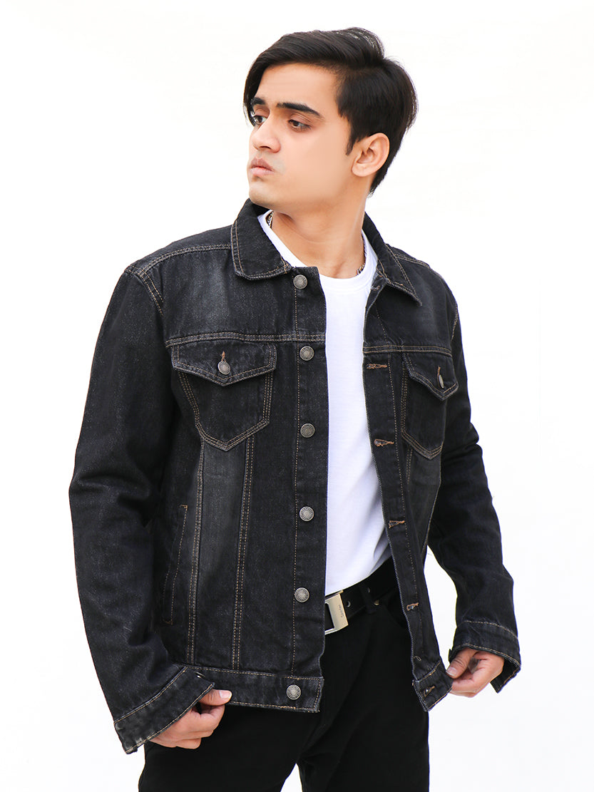 Faded Black Denim Jacket For Men MJ05