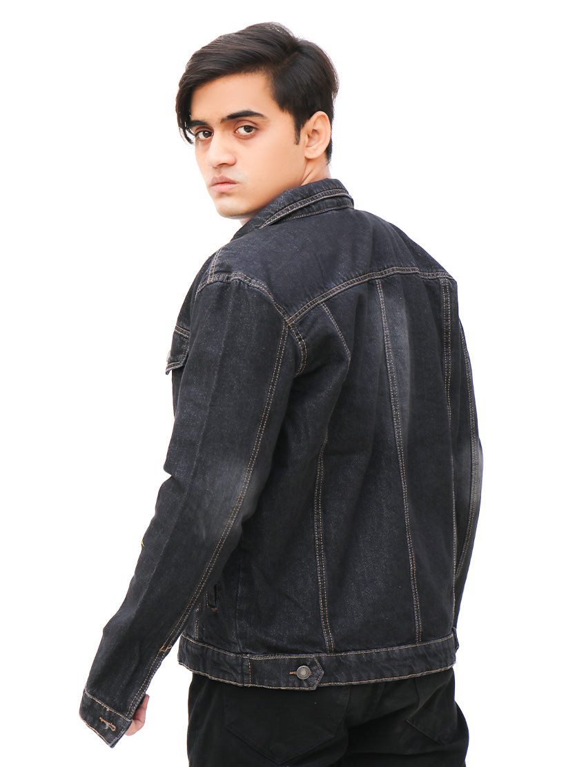 Faded Black Denim Jacket For Men MJ05