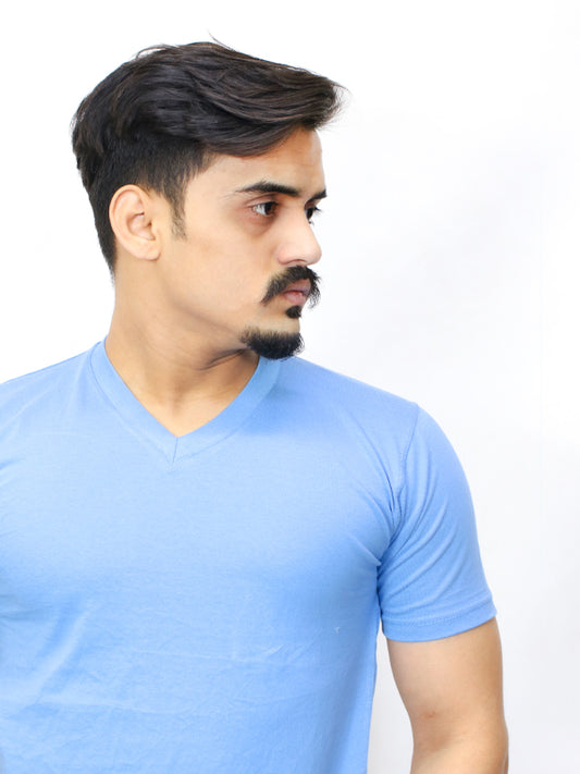 M Men's Plain V-Neck T-Shirt Blue