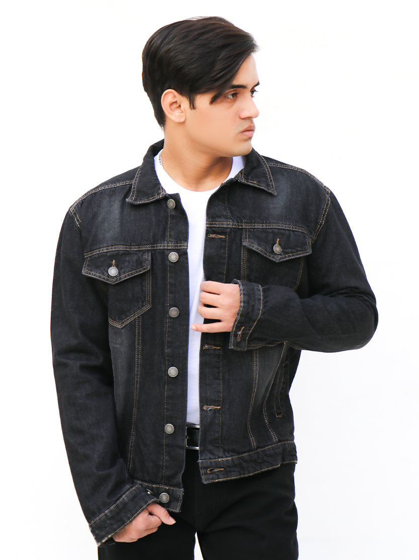 Faded Black Denim Jacket For Men MJ05