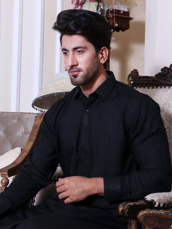 045 Shalwar Kameez Stitched Suit Fabron Fabric Shirt Collar Black