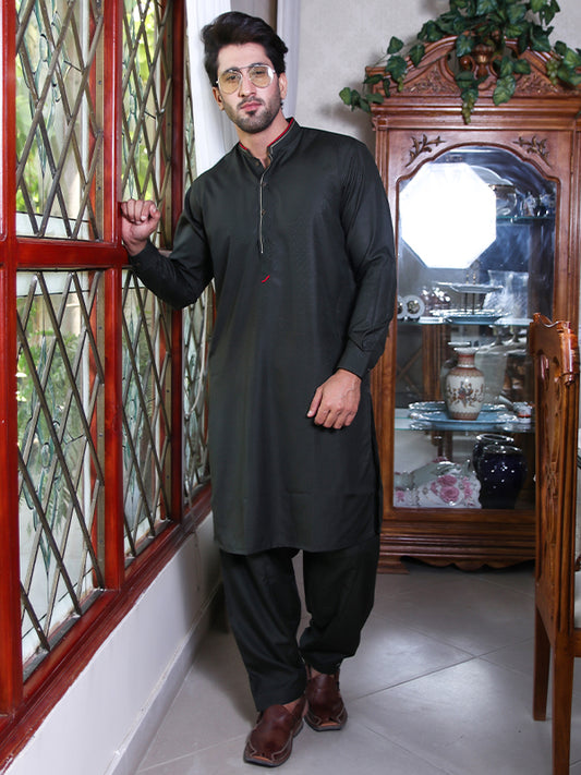 161E Men's Kameez Shalwar Stitched Suit Dark Green