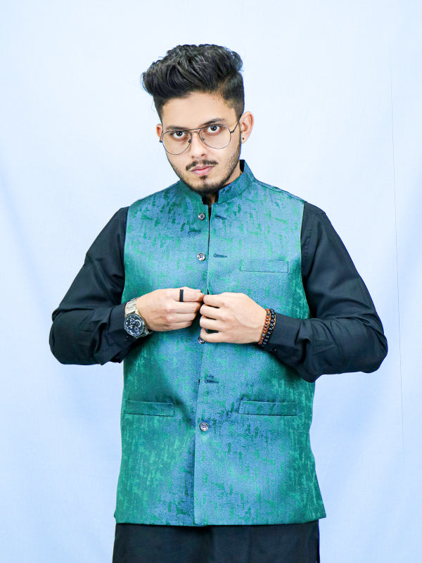 Festive Waistcoat for Men Textured Bluish Green