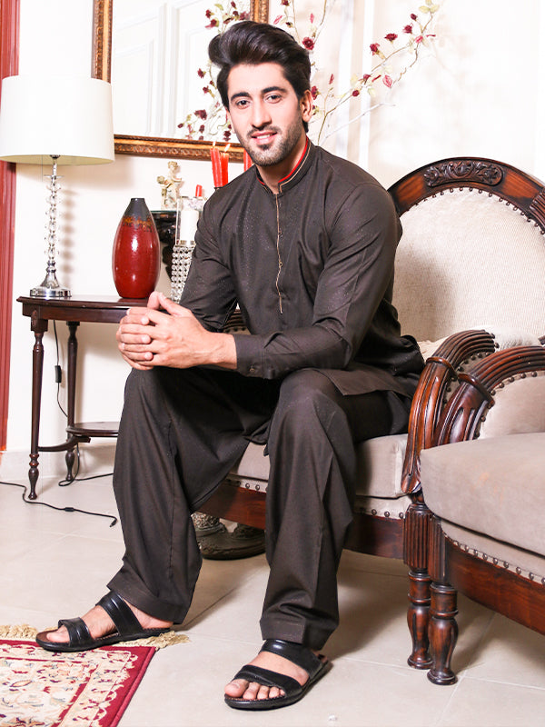161E Men's Kameez Shalwar Stitched Suit Dark Brown