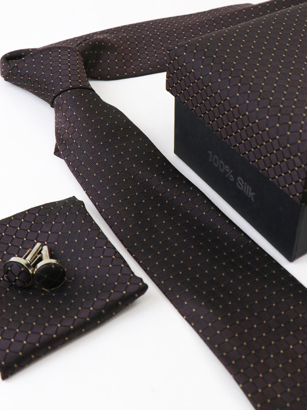 Tie Gift Box Set Tie Cuff-Link Pocket Square Brown Design