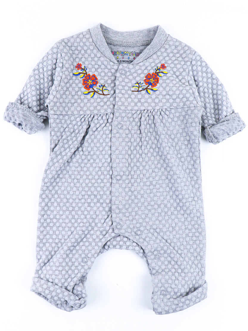 Dotted Flowers 0 Mth - 9 Mth Long Sleeve Newborn Romper Grey
