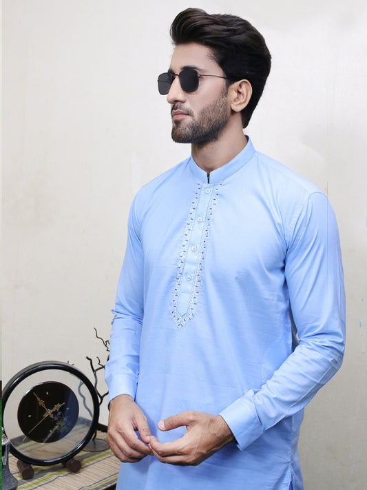 288E Men's Cotton Kameez Shalwar Stitched Suit Sky Blue 2