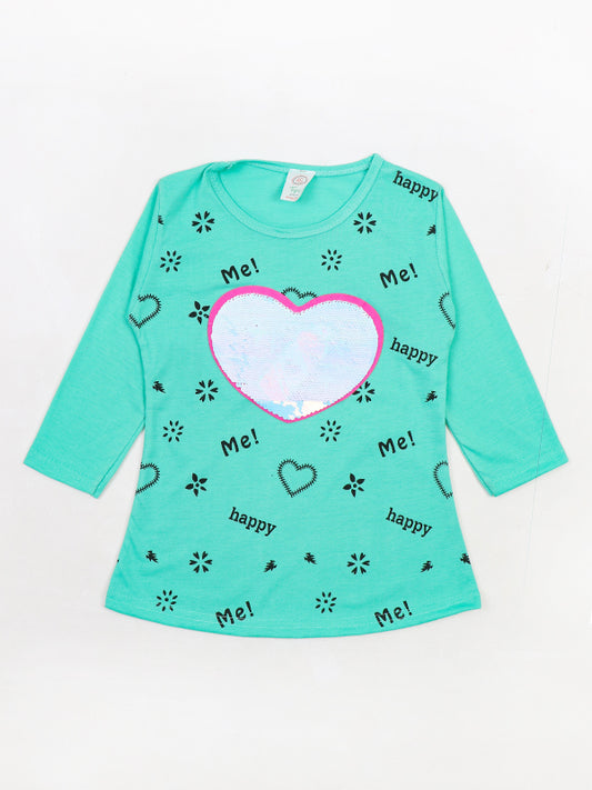 KG Girls Full Sleeve T-Shirt 3.5Yrs - 9Yrs Heart Sea Green