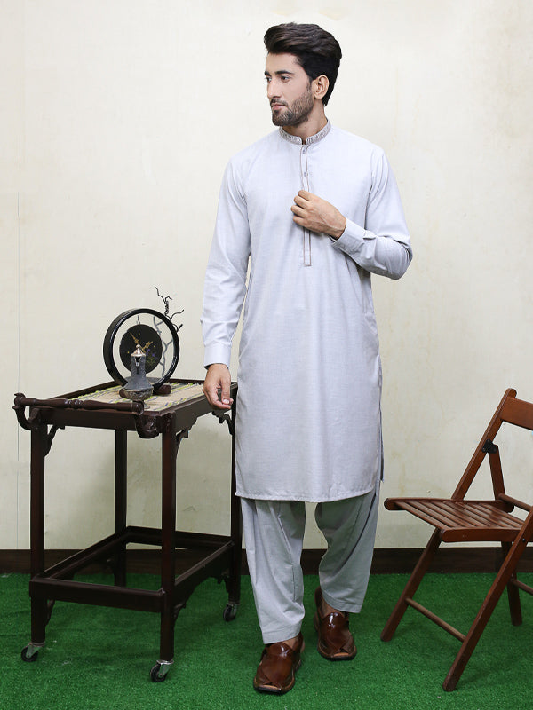 250 Men's Embroidered Kameez Shalwar Stitched Suit Light Grey