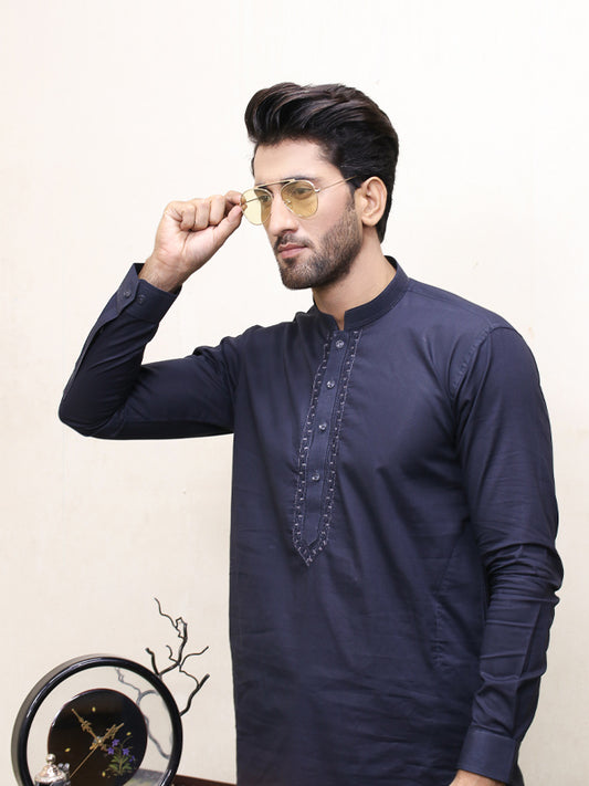 288E Men's Cotton Kameez Shalwar Stitched Suit Dark Blue 1