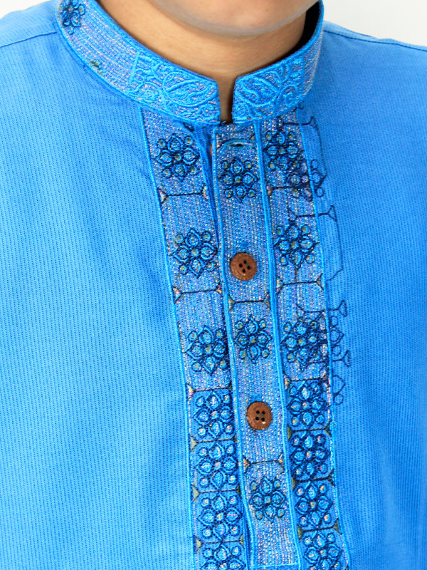 Self Lining Embroidery Kurta for Boys 6-15 YR Blue