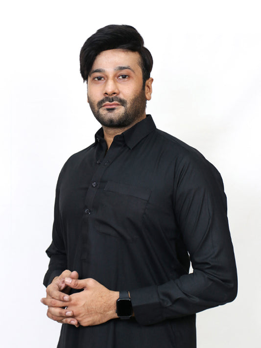 480 Men's Kameez Shalwar Stitched Suit Shirt Collar Plain Black