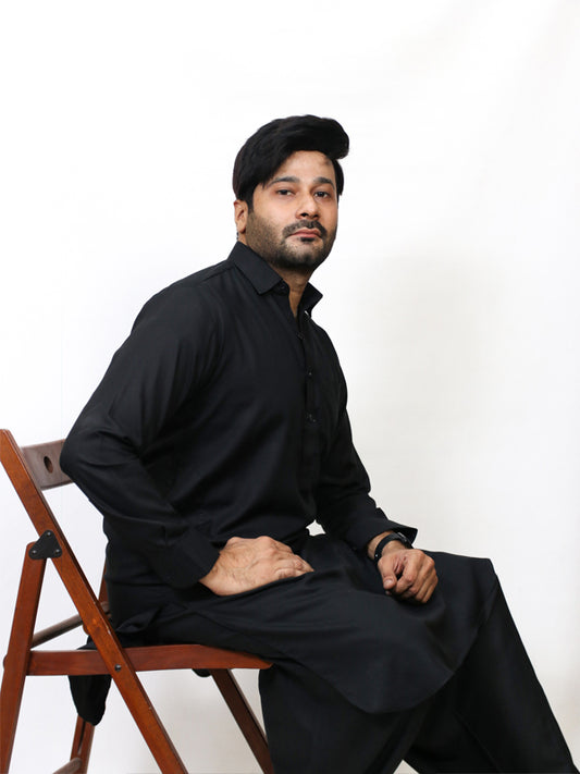480P Men's Kameez Shalwar Stitched Suit Shirt Collar Plain Black