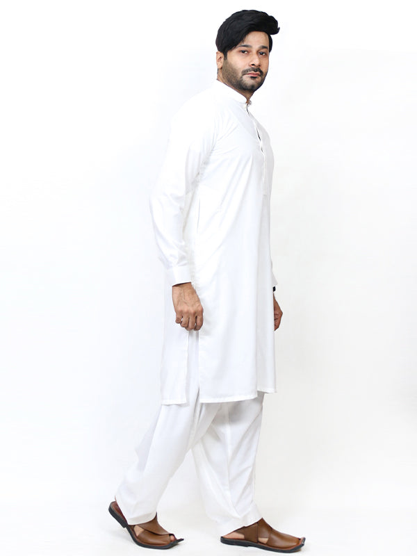 MSK79 Men's Kameez Shalwar Stitched Sherwani Collar Plain Suit OFF White