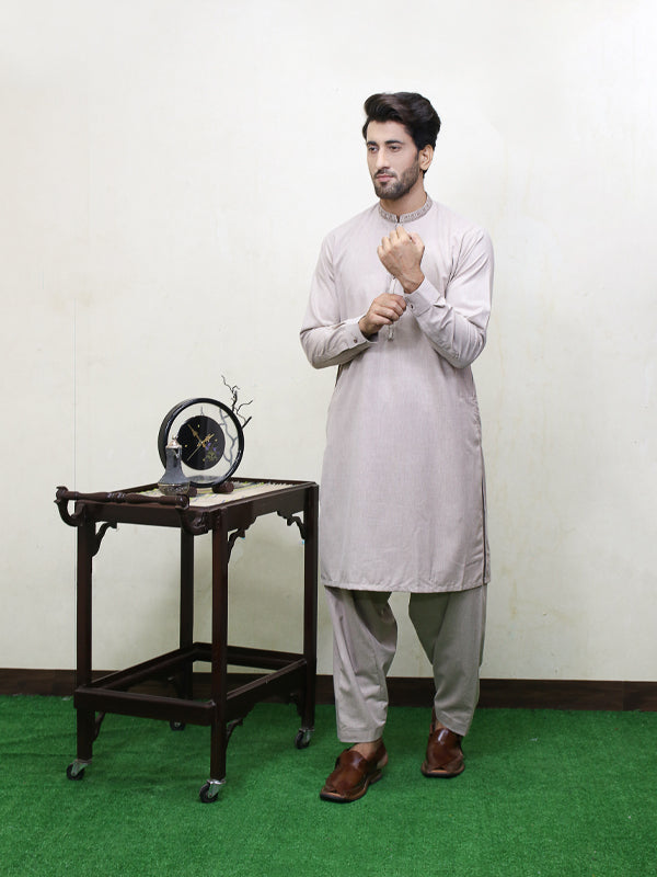 250 Men's Embroidered Kameez Shalwar Stitched Suit Brown