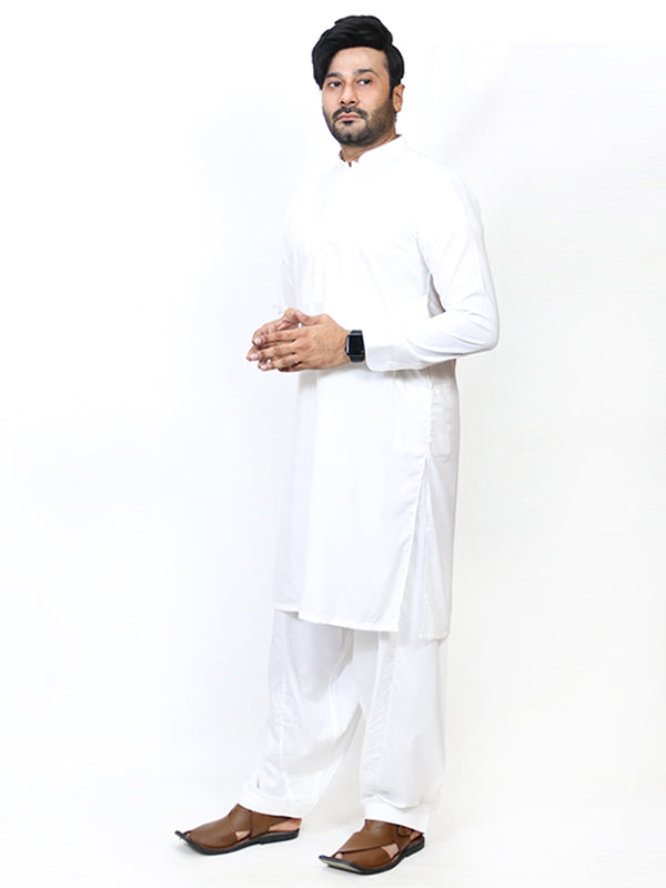 MSK79 Men's Kameez Shalwar Stitched Sherwani Collar Plain Suit OFF White