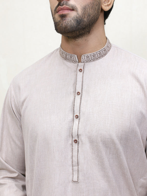 250 Men's Embroidered Kameez Shalwar Stitched Suit Brown