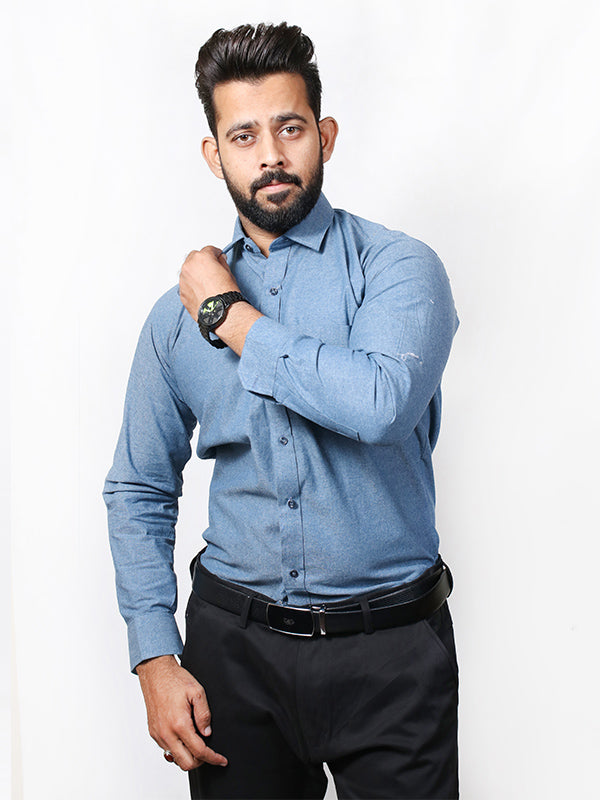 Blue Chambray Formal Dress Shirt For Men MFS422