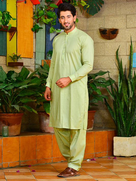 225 Men's Cotton Kameez Shalwar Stitched Suit Light Green