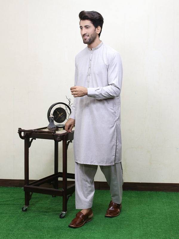 250 Men's Embroidered Kameez Shalwar Stitched Suit Slate Grey
