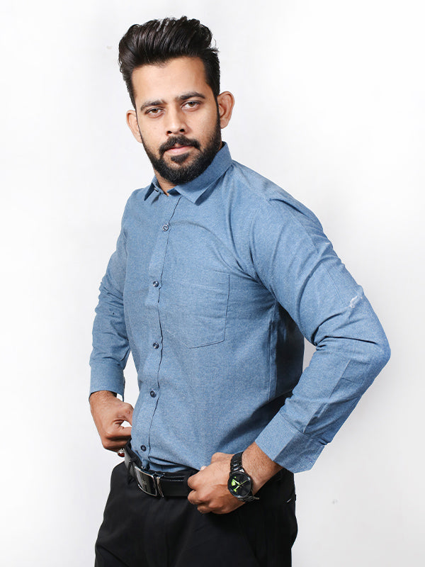 Blue Chambray Formal Dress Shirt For Men MFS422
