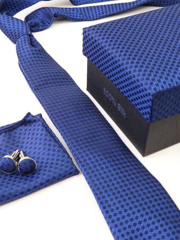 Luxury Tie Box Set Tie Cuff-Link Pocket Square Royal Blue Small Checks