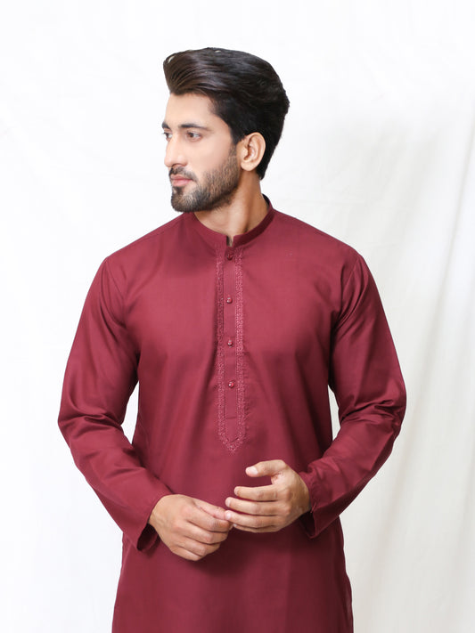 AM Men's Festive Embroidery Kurta Maroon